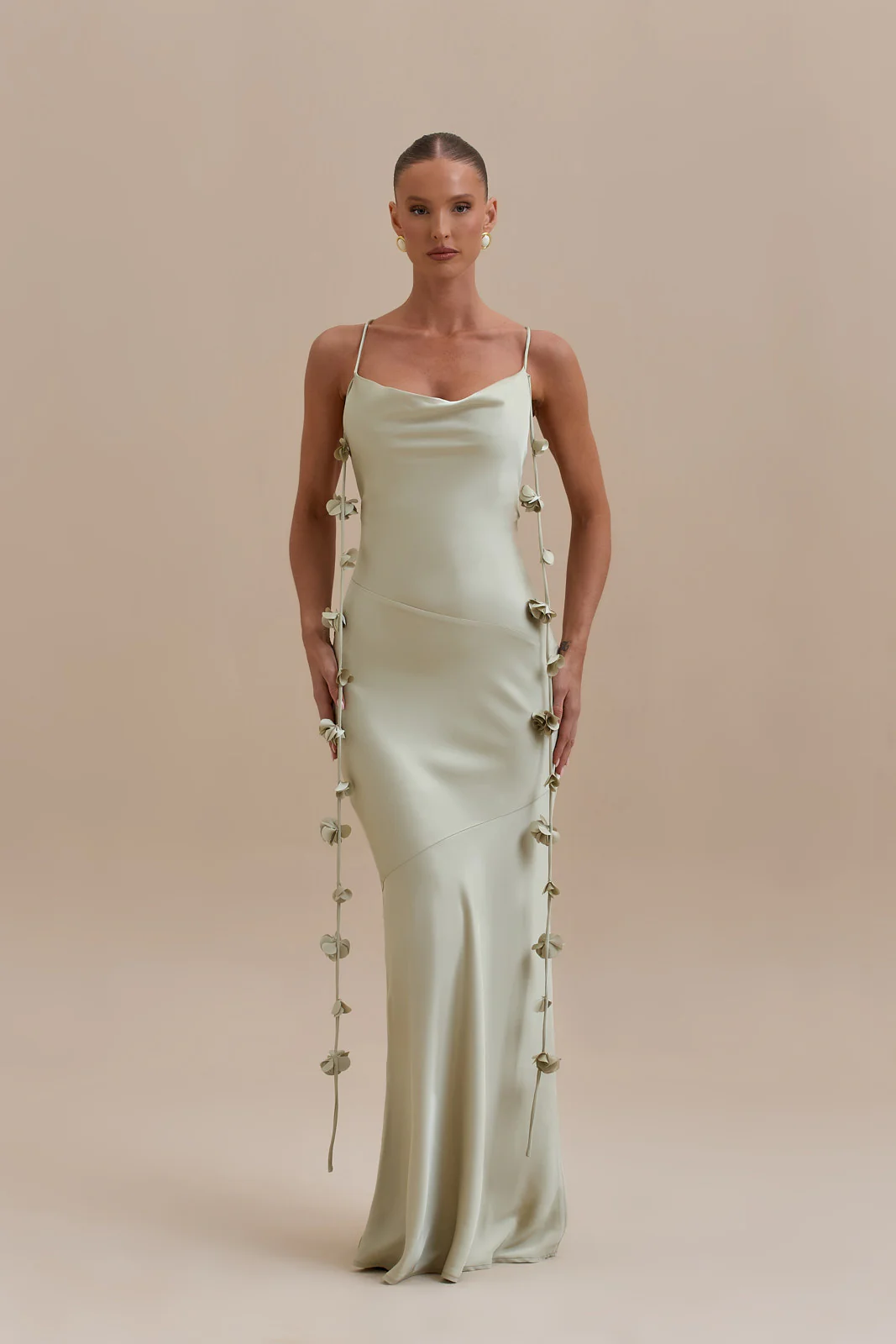 ARIA SATIN COWL NECK  MAXI DRESS WITH FLOWER DETAIL | SAGE - SALE - Image 15