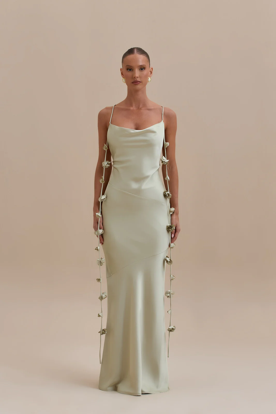 ARIA SATIN COWL NECK  MAXI DRESS WITH FLOWER DETAIL | SAGE - SALE - Image 18