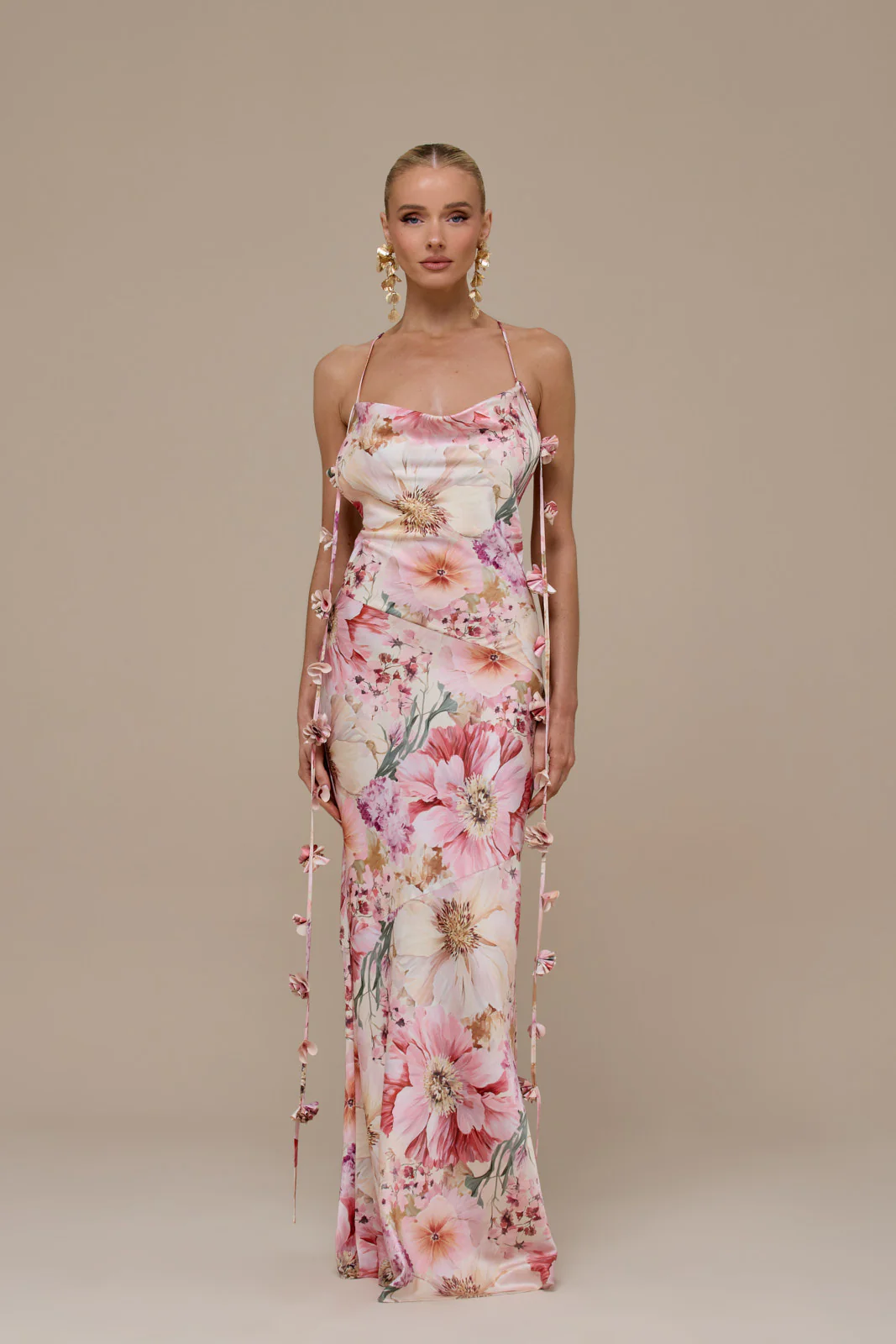 ARIA SATIN COWL NECK MAXI DRESS WITH FLOWER DETAIL | FLORAL PRINT - Image 11