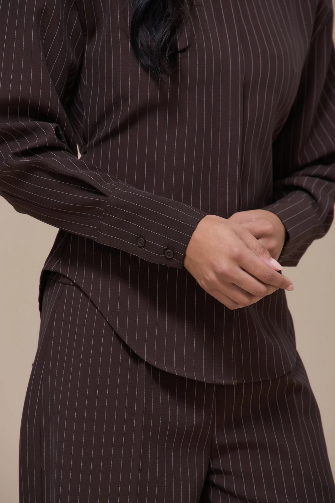 BLYTHE LONG SLEEVE PINSTRIPE SHIRT WITH TIE BACK DETAIL | CHOCOLATE BROWN - Image 6
