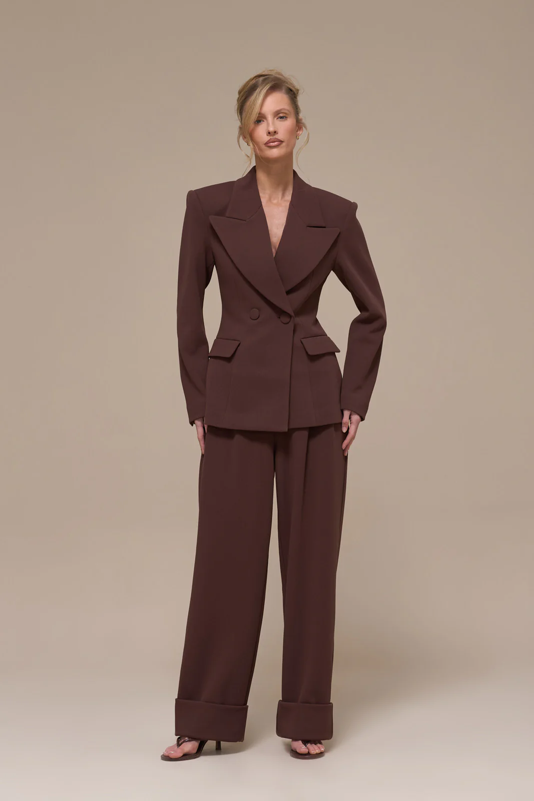 CHARLOTTE HIGH WAIST PLEATED SUITING TROUSERS WITH ADJUSTABLE WAIST | CHOCOLATE