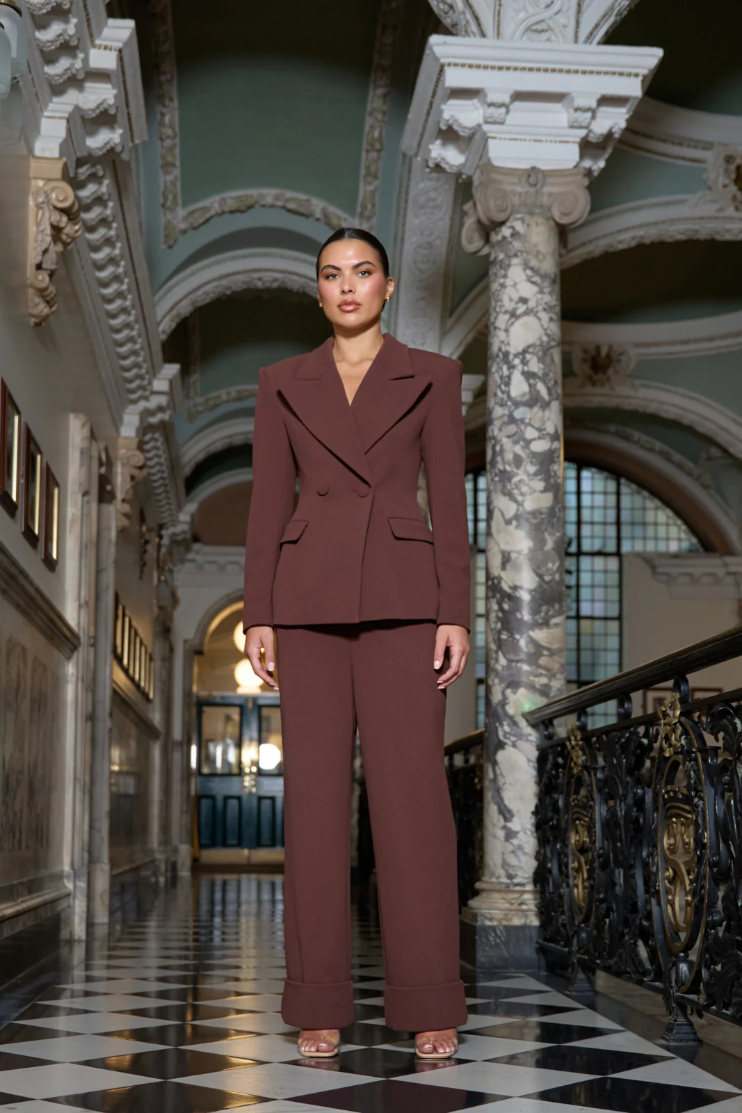CHARLOTTE HIGH WAIST PLEATED SUITING TROUSERS WITH ADJUSTABLE WAIST | CHOCOLATE - Image 2