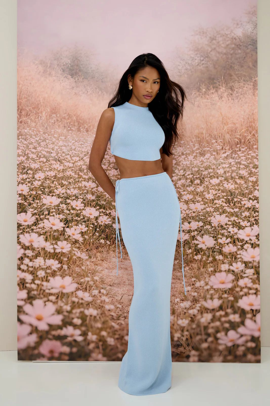 SIENNA KNITTED MAXI SKIRT WITH TIE WAIST DETAIL | BABY BLUE